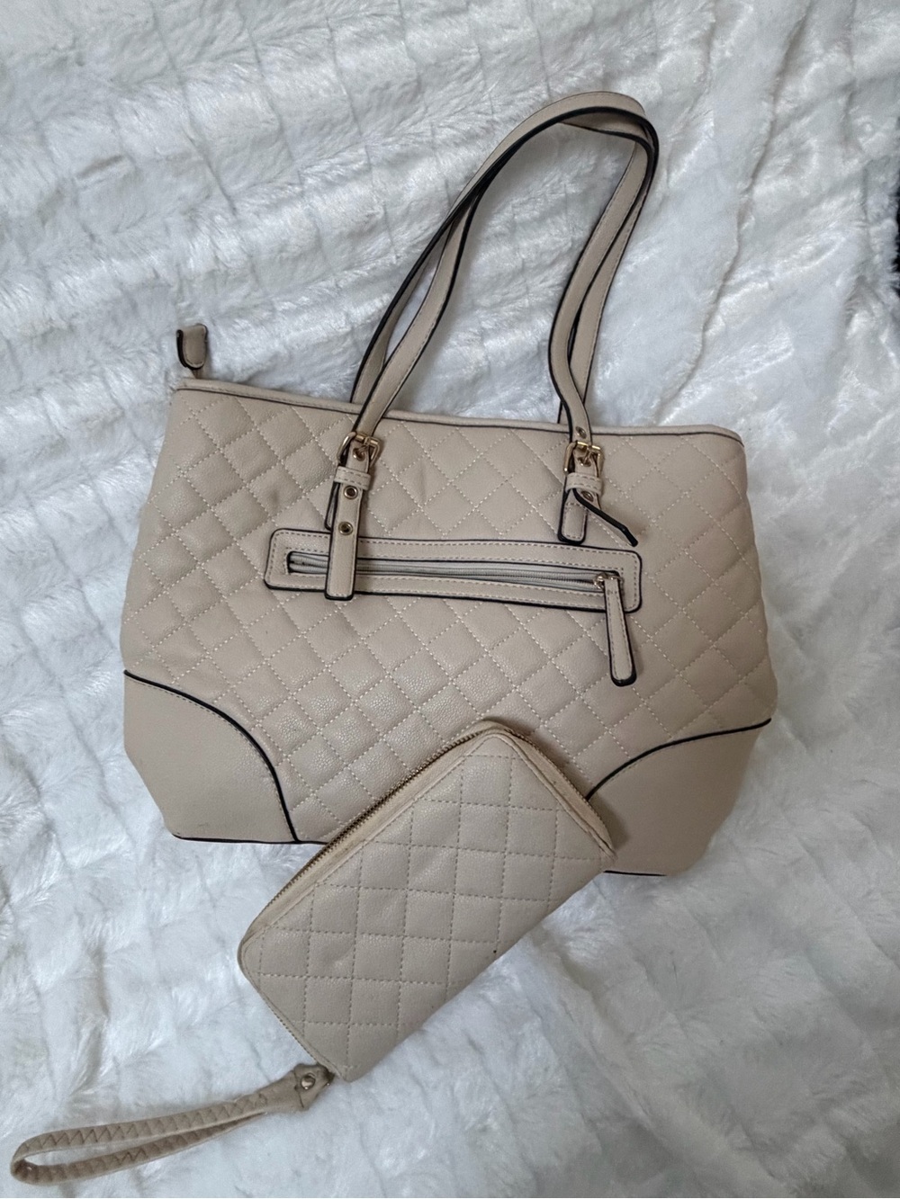 Quilted Tote and Wristlet Set in Beige